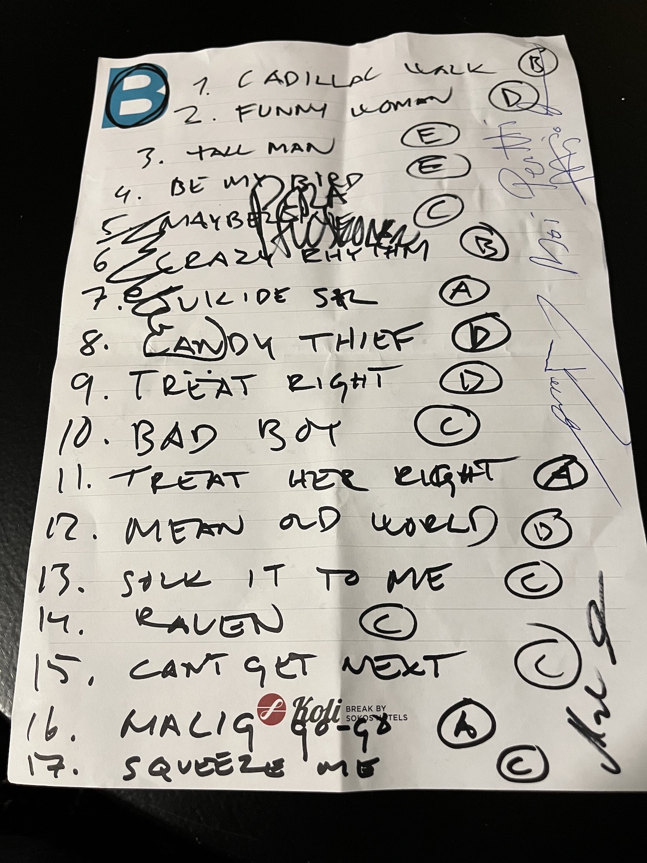 KUVA 12: Ballsin biisilista/KJ Nämä kuultiin! Kuva: Kirsi Jaatinen