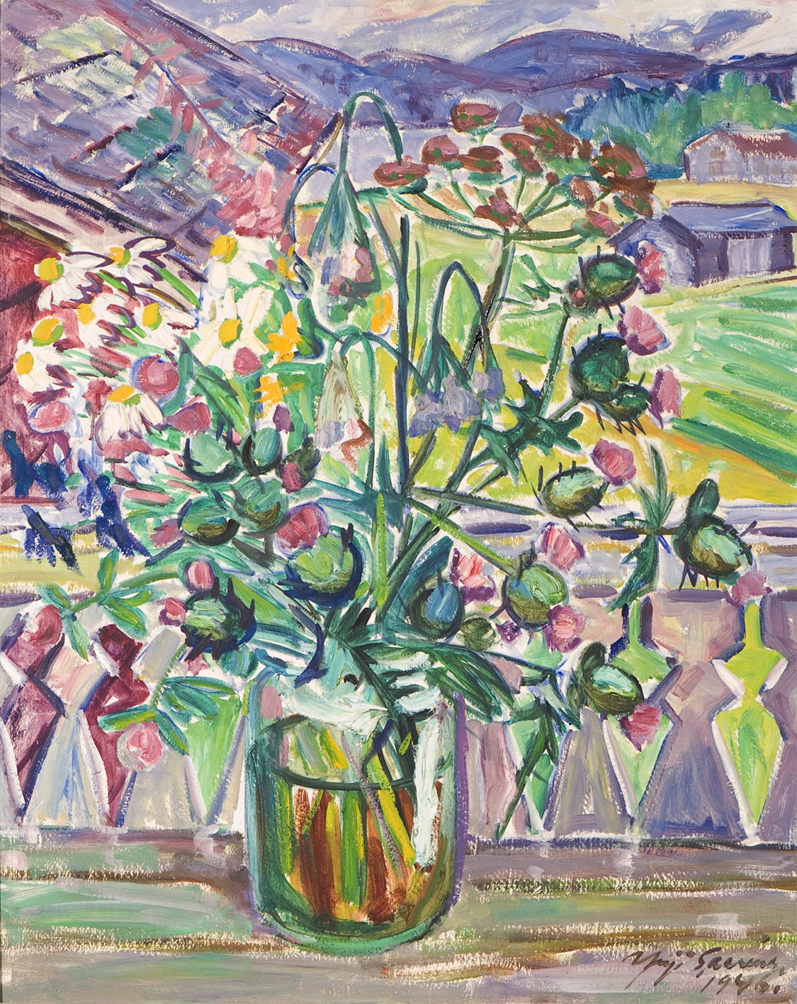 Yrjö Saarinen Kukkia kuistilla 1946 Jyväskylän kaupungin taidekokoelma kuva Jari Kuskelin kopio